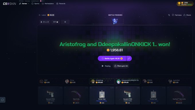 A CS:SKIN gambling site shows a victory message reading "Aristofrog and DdeepakallinONKICK 1. won!" with a payout of 1,956.61 coins displayed on a battle results screen featuring knife and pistol case openings. The image relates to the accompanying post as a promotional giveaway announcement, where the winners (Aristofrog and DdeepakallinONKICK) were selected from a CS:SKIN battle, encouraging participants to drop their SOL/USDT addresses for prizes.