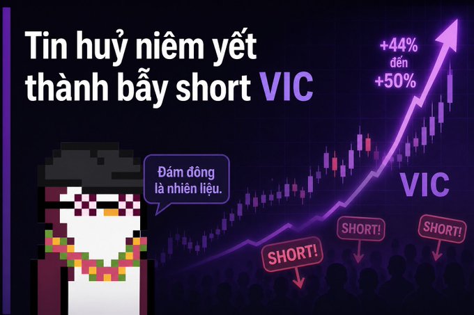 A Vietnamese graphic displays 'Tin huỷ niệm yết thành bậy short VIC' with a rising purple arrow, candlestick chart showing '+44% to +50%', and 'SHORT!' labels below, featuring a pixel art character.