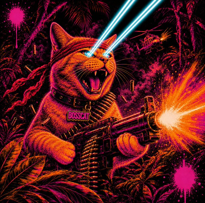 A vibrant digital illustration depicts a fierce orange cat with laser beam eyes wearing a 'BOSSCAT' tag and bandana, firing a large machine gun in a jungle setting with a helicopter in the background.