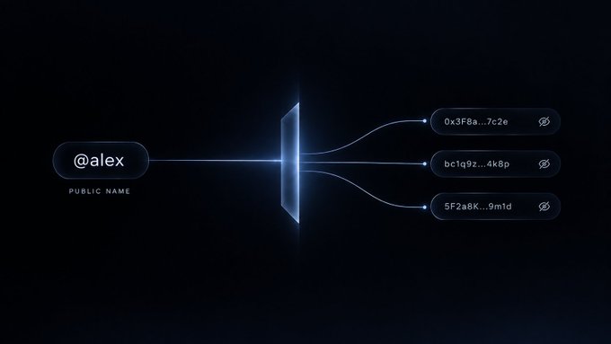 A dark digital graphic shows a public name '@alex' on the left, connected through a glowing portal-like shape to three cryptocurrency wallet addresses on the right.