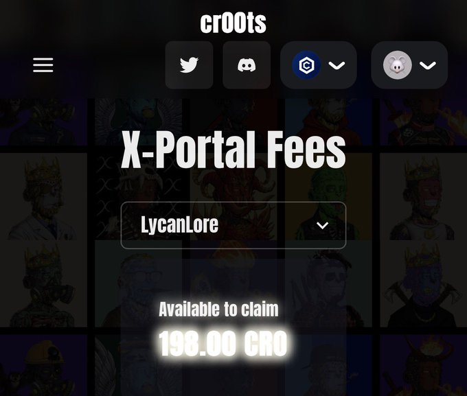 A dark themed promotional graphic for 'cr00ts' displaying 'X-Portal Fees' with a dropdown for 'LycanLore' and an 'Available to claim' amount of '198.00 CRO' over a background grid of crowned character images.