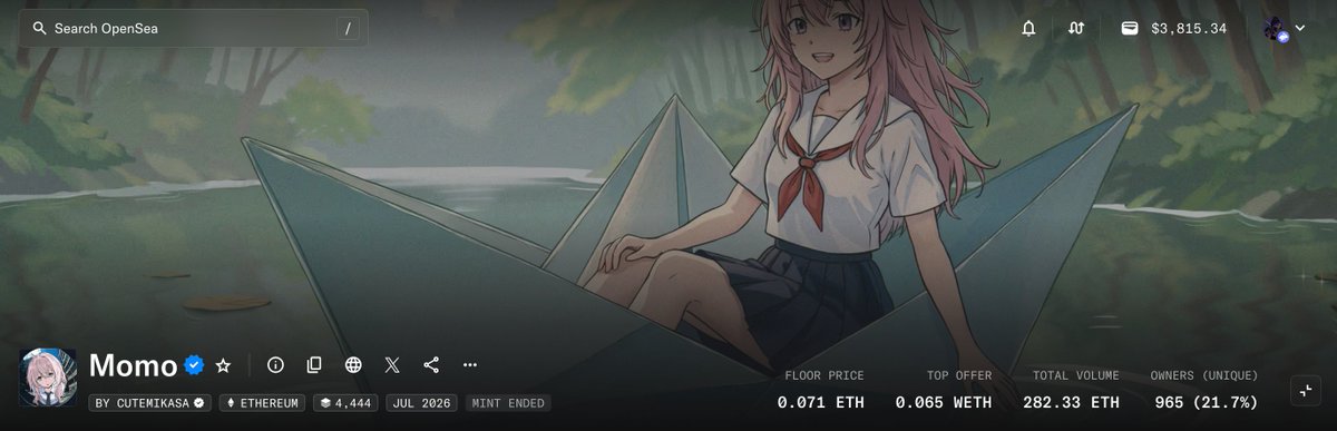 An OpenSea NFT collection page for "Momo" by CUTEMIKASA on Ethereum, showing an anime girl in a paper boat, with a floor price of 0.071 ETH, 4,444 items, minted July 2026, with 965 owners (21.7%).