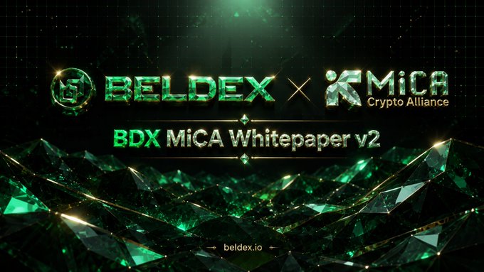 A promotional graphic with a green, crystalline background announces 'BELDEX × MiCA Crypto Alliance' and 'BDX MiCA Whitepaper v2', with the website 'beldex.io' displayed at the bottom.