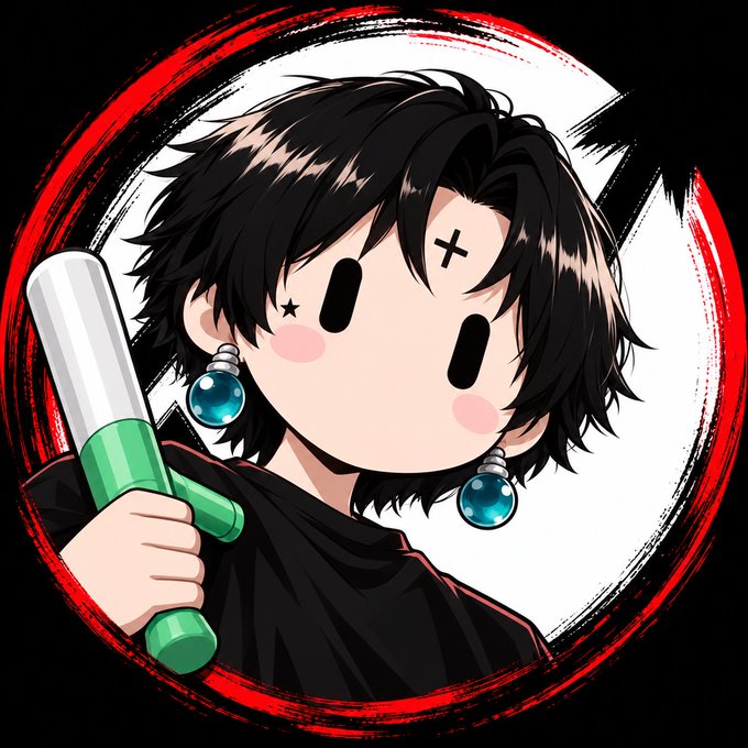 A stylized cartoon/anime character with black hair, X-shaped eyes, wearing blue earrings and holding a green and white object, set against a red and white brushstroke circular background.