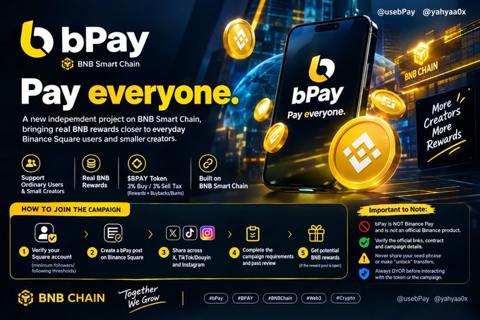A promotional banner for "bPay" on "BNB Smart Chain" featuring a smartphone and gold BNB coins, detailing campaign steps including verifying a Square account, creating a bPay post, and sharing on X, TikTok, and Instagram.