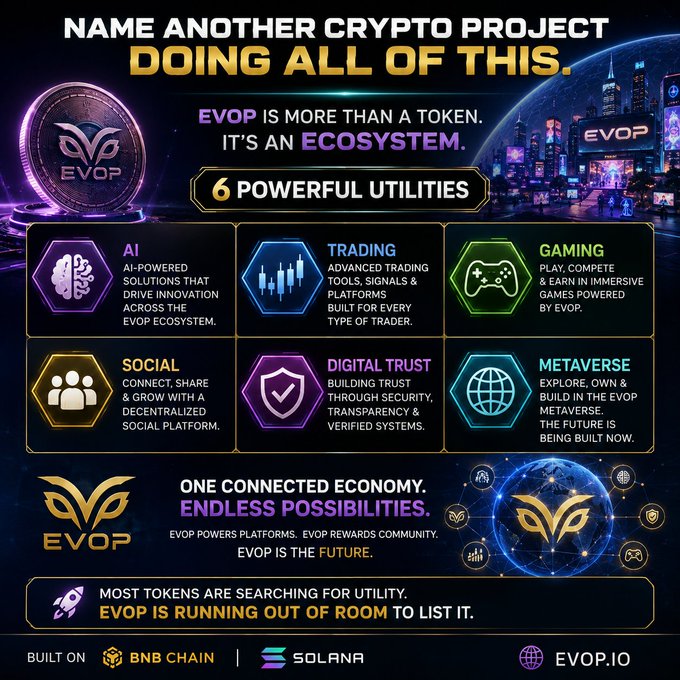 Promotional graphic for EVOP cryptocurrency ecosystem, highlighting '6 Powerful Utilities' including AI, Trading, Gaming, Social, Digital Trust, and Metaverse, built on BNB Chain and Solana with website EVOP.IO.