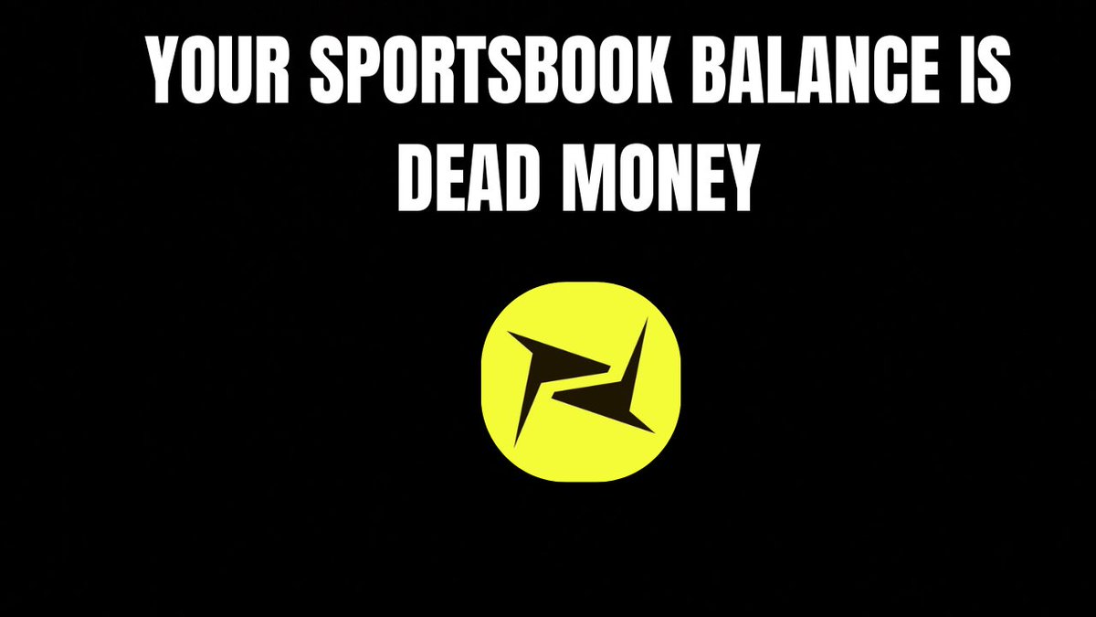A black background displays the bold white text "YOUR SPORTSBOOK BALANCE IS DEAD MONEY" above a yellow circular logo featuring a stylized black arrow design, visually reinforcing the post's message about how traditional sportsbook profits are vulnerable to account limitations and bans, unlike $PRED token.
