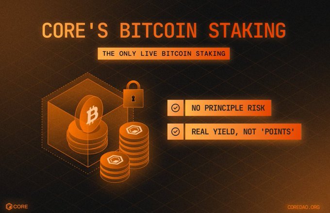 Promotional graphic for 'CORE'S BITCOIN STAKING' described as 'THE ONLY LIVE BITCOIN STAKING' with features 'NO PRINCIPLE RISK' and 'REAL YIELD, NOT POINTS', branded with core.dao.org.