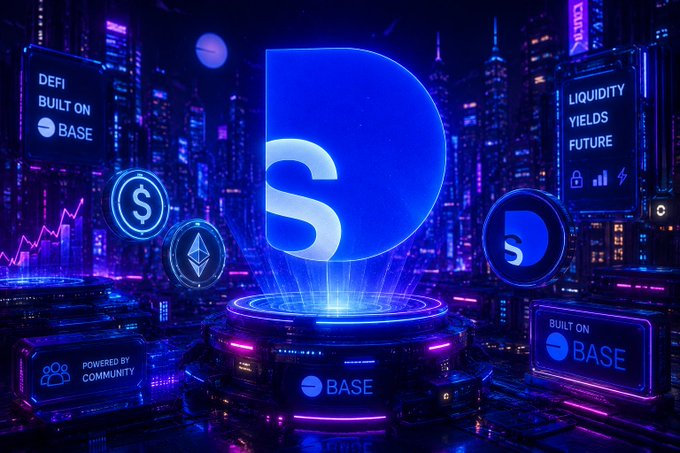 A futuristic neon cityscape promoting DeFi on Base, featuring a large blue 'S' logo, cryptocurrency icons, and text reading 'LIQUIDITY YIELDS FUTURE' and 'POWERED BY COMMUNITY'.