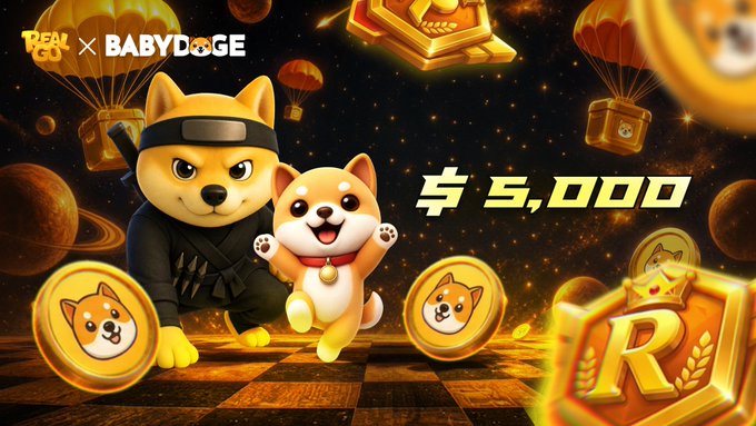 Two cute Shiba Inu mascots—one dressed as a ninja and one wearing a collar—pose alongside golden coins and rewards against a starry space backdrop, promoting the "REAL × BABYDOGE" partnership airdrop. Bold text displays "$5,000" to highlight the giveaway value, visually reinforcing the post's announcement that over $5,000 in airdrop claims are now open.