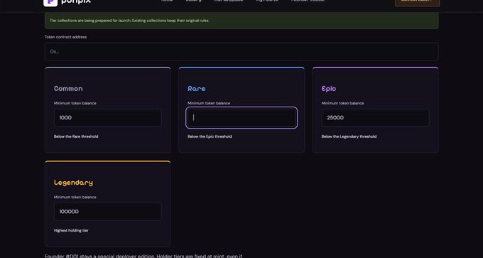 A dark-themed web interface titled 'Tiers' shows collection settings with four tiers—Common (1000), Rare, Epic (25000), and Legendary (100000)—for setting minimum token balances, with the Gotcha platform logo visible.