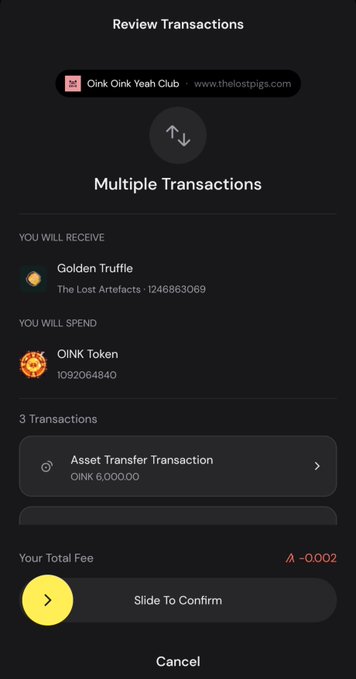 A mobile wallet screen titled 'Review Transactions' showing a swap from OINK Token to a Golden Truffle NFT on Oink Oink Yeah Club, with a 'Slide To Confirm' button.