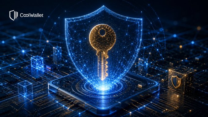 A golden key is encased within a glowing blue digital shield on a circuit board, with the "CoolWallet" logo in the corner, visually representing how the security of cryptocurrency storage ultimately depends on the strength of the private key generated at its origin.