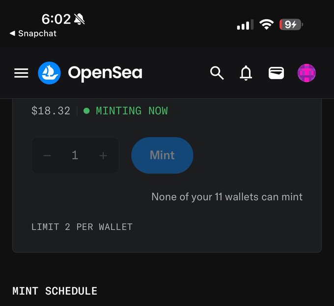 A screenshot of the OpenSea app on a smartphone showing an NFT minting page priced at $18.32 marked "MINTING NOW," with a message stating "None of your 11 wallets can mint."