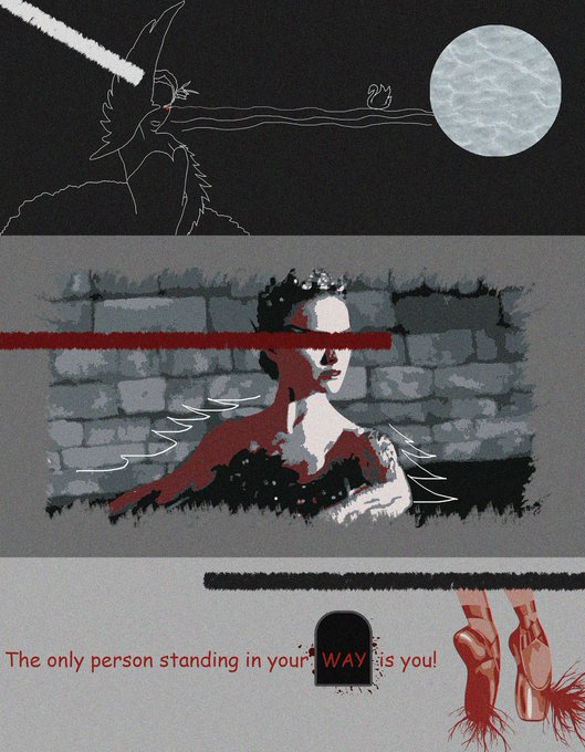 A digital collage artwork titled "Black Swan" features three panels: a swan under a full moon, a ballerina with a red bar across her eyes, and ballet shoes beside an arched doorway, with the caption "The only person standing in your WAY is you!" — symbolizing the artist's struggle and hope in selling this 1/1 piece on Tezos for 77 XTZ.