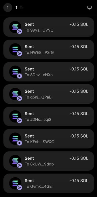 Screenshot of a crypto wallet transaction history showing multiple "-0.15 SOL" sent transactions to various recipients with abbreviated addresses (99ys...UVVQ, HWE8...P2rG, 8Dhv...cNXo, etc.). The image supports the post showing that the user has indeed been distributing small amounts of SOL to various people as part of their giveaway.