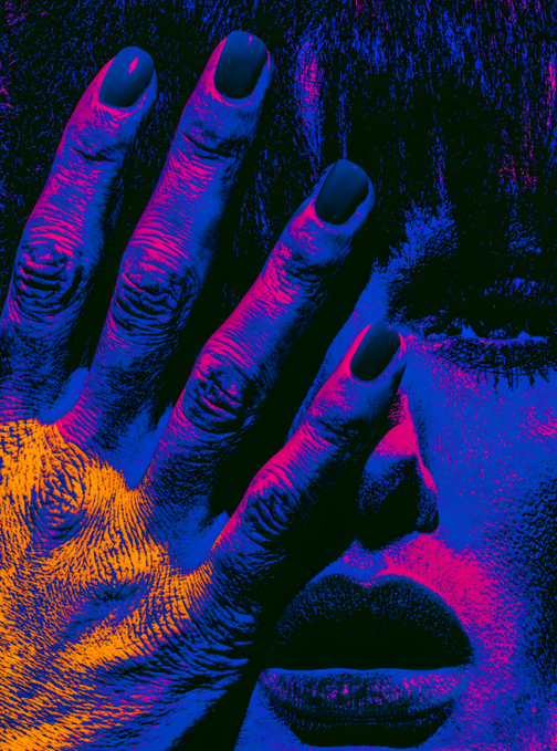 A stylized, high-contrast pop art image of a hand covering part of a face, featuring vivid pink, blue, orange, and black colors.