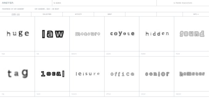 A webpage from 'RSTN' displaying a typeface collection grid with various font styles, each labeled with a sample word like 'huge', 'law', 'mosque', 'coyote', 'hidden', 'sound', 'tag', 'local', 'leisure', 'office', 'senior', and 'hamster'.