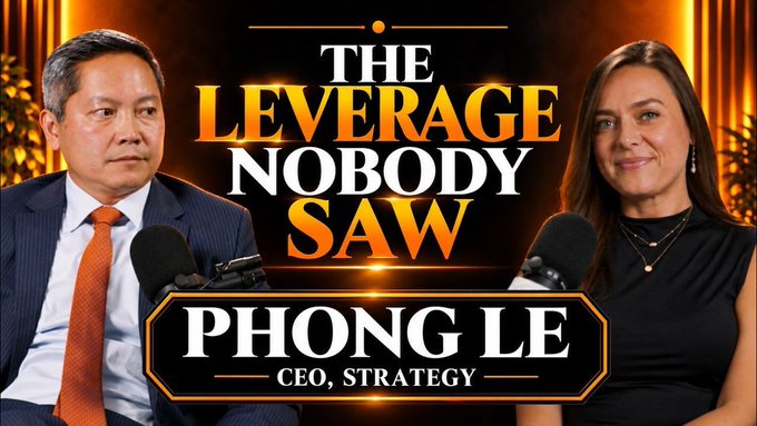 A YouTube thumbnail titled 'THE LEVERAGE NOBODY SAW' featuring a man and a woman in professional attire, labeled 'PHONG LE - CEO, STRATEGY'.