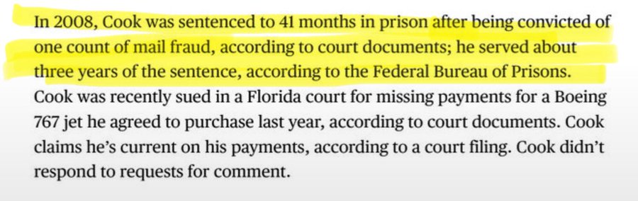 A news article excerpt with a highlighted sentence stating: 'In 2008, Cook was sentenced to 41 months in prison after being convicted of one count of mail fraud, according to court documents; he served about three years of the sentence, according to the Federal Bureau of Prisons.' The remainder of the text discusses a lawsuit in Florida over missed payments for a Boeing 767 jet.