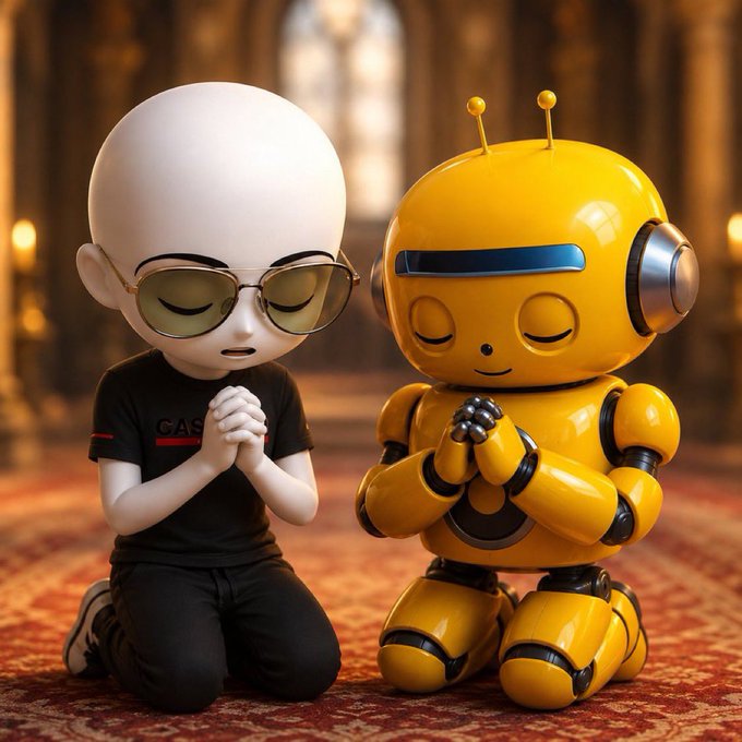 A 3D-rendered illustration of a bald cartoon character wearing sunglasses and a 'CA$' shirt kneeling in prayer beside a yellow robot, both with hands clasped together on an ornate carpet in a cathedral-like setting.