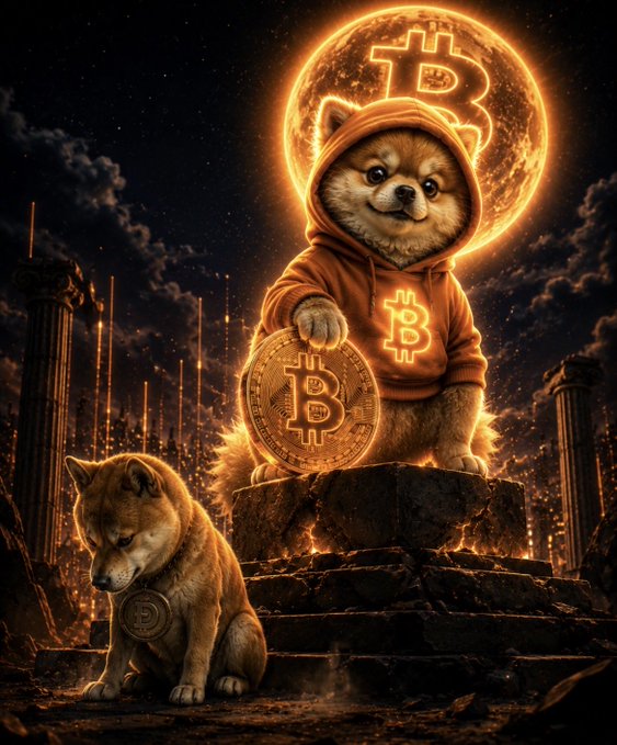 The image features a dog wearing an orange hoodie, holding a golden coin with Bitcoin symbols on it. The background of the image shows a dark sky filled with stars, creating a sense of mystery or intrigue. In the bottom right corner of the image, there is a caption that reads "ATTENTION DOGE HOLDERS! Drop the E!!!! $DOG". This message seems to be related to Bitcoin and its association with dogs in some way.