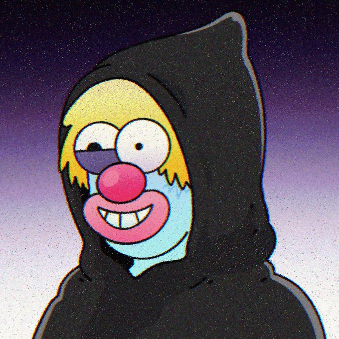 The image shows a cartoon character with blonde hair, a red clown nose, and a wide grin, wearing a black hooded garment against a purple gradient background. The accompanying post references an airdrop from @MadYakK and mentions the character resembling the poster, suggesting this is a profile-picture-style NFT artwork shared as part of the giveaway.