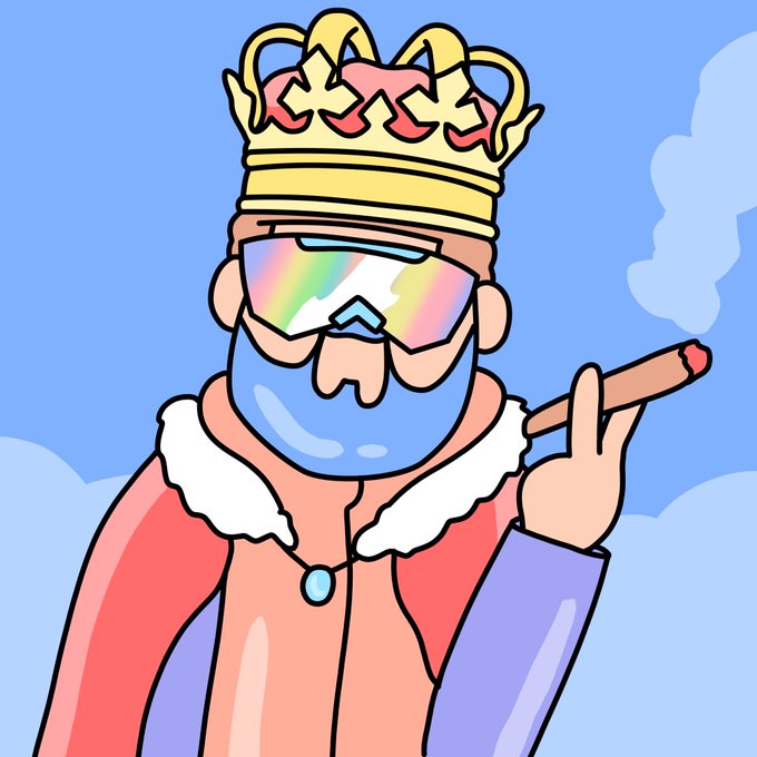 A cartoon illustration of a king with a blue beard, wearing a yellow crown, iridescent visor sunglasses, and a fur-trimmed robe, holding a lit cigar with smoke rising.