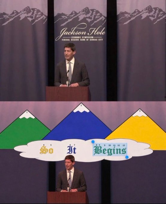 The image shows a man speaking at a podium during what appears to be the Jackson Hole Economic Symposium, with the event's mountain logo visible in the background. The bottom panel adds an edit featuring colorful mountains and a cloud with the text "$0 It Begins" alongside an upward price chart, humorously suggesting that XRP's price surge has finally commenced after years of anticipation.
