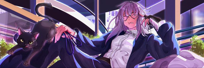 Anime-style illustration of a purple-haired woman with glasses reclining while holding headphones, accompanied by a black cat.