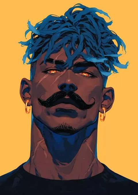 A stylized digital portrait of a man with blue dreadlock-like hair, a large mustache, and orange earrings, set against a solid yellow background.
