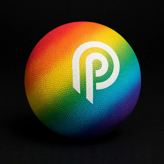 A textured, rainbow-colored sphere displays a white 'P' logo in the center against a black background.