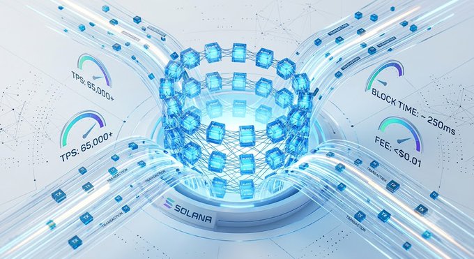 A futuristic digital illustration of the Solana blockchain network featuring a glowing blue sphere of interconnected blocks, with text displaying "TPS: 65,000+", "BLOCK TIME: ~250ms", "FEE: <$0.01", and the Solana logo.