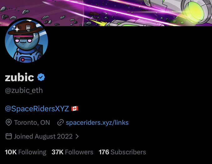 Twitter profile screenshot for the verified user 'zubic' (@zubic_eth), who joined in August 2022, is located in Toronto, ON, and is associated with @SpaceRidersXYZ.