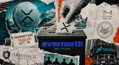 A collage of crypto and financial news imagery, featuring XRP, a hand placing an XRP ballot, Evernorth, Armada II, an S-4 filing, and the Nasdaq building.
