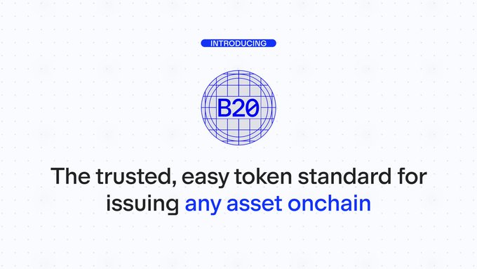 The image shows a white background with blue text that reads "Introducing B20, The trusted, easy token standard for Issuing any asset chain". This message is related to the main network's upgrade of the B20 standard, which is different from the regular ERC-20 token in terms of its use case and functionality.