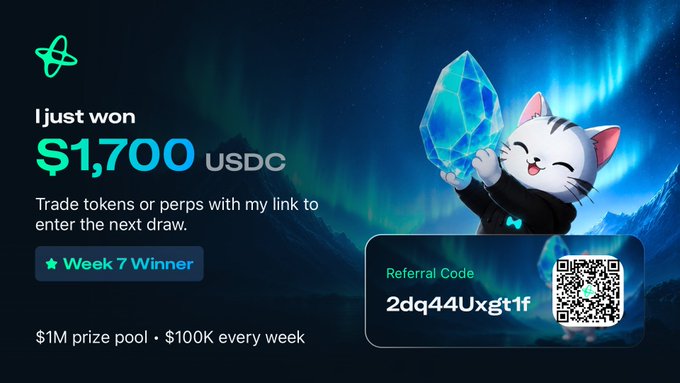 A promotional graphic featuring a cute cat mascot holding a blue crystal, announcing a $1,700 USDC win as 'Week 7 Winner' with a referral code '2dq44Uxgt1f' and QR code, advertising a $1M prize pool.