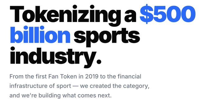 A promotional graphic stating "Tokenizing a $500 billion sports industry," referencing Fan Tokens from 2019 and their role in sports financial infrastructure.