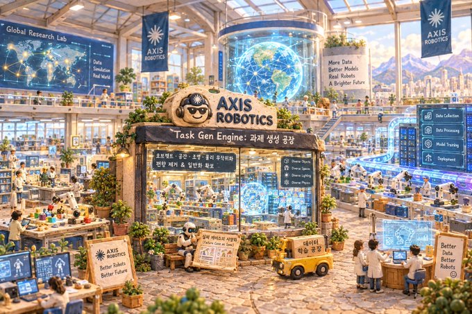 A colorful, detailed illustration of the 'AXIS ROBOTICS' research lab and store, featuring a central booth labeled 'Task Gen Engine,' a globe display, Global Research Lab, and various robotic displays with people interacting.