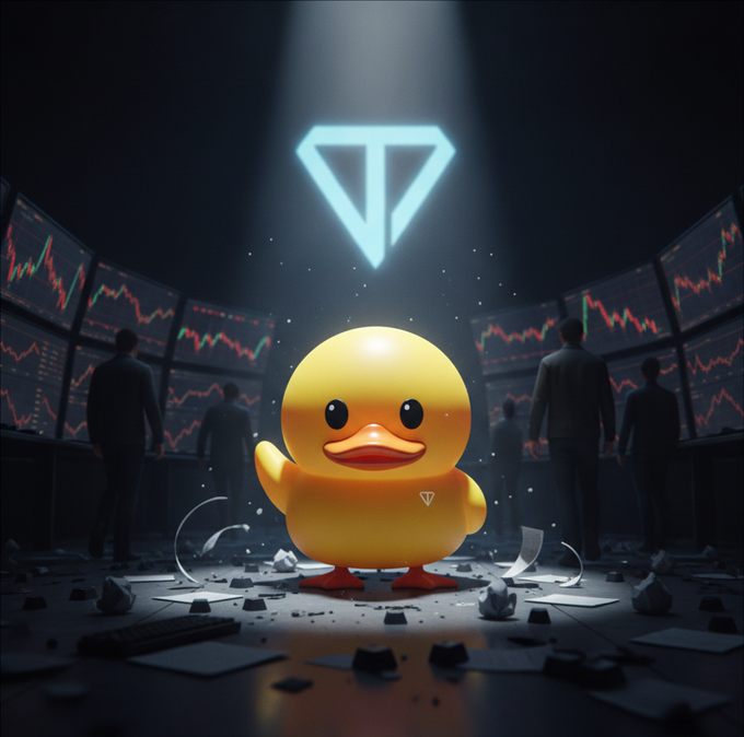 A 3D render of a large yellow rubber duck standing in a dark, futuristic room with glowing stock market charts on screens and a floating geometric diamond logo above.