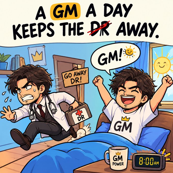 A cartoon illustration playing on the 'apple a day' saying, showing a happy person in a 'GM' shirt waking up cheerfully at 8:00 AM and chasing away an angry doctor with a 'go away DR' sign, with text reading 'A GM A DAY KEEPS THE DR AWAY.'