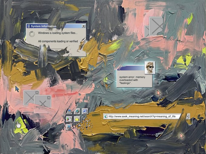 A chaotic, expressionist painting overlaid with vintage computer error dialogs, including "System Information: Windows is loading system files..." and "system error: memory overloaded with 'feelings'."