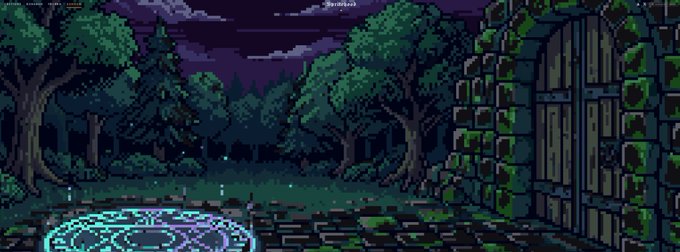 Pixel art scene depicting a dark forest at night with a glowing magical circle on a stone path and a wooden door in a stone wall.