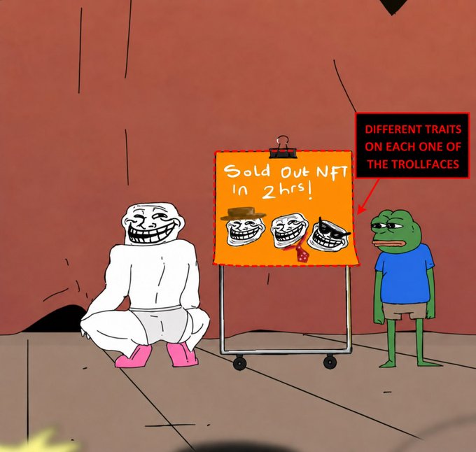 The image features a cartoon of three trolls, each with unique characteristics, standing next to an orange sign that says "Sold Out NFT" in bold letters. The first troll has a red hat and sunglasses, the second troll has a blue hat and glasses, and the third troll is wearing a green shirt and glasses. A caption below the image reads: "Different traits on each one of the Trolls".