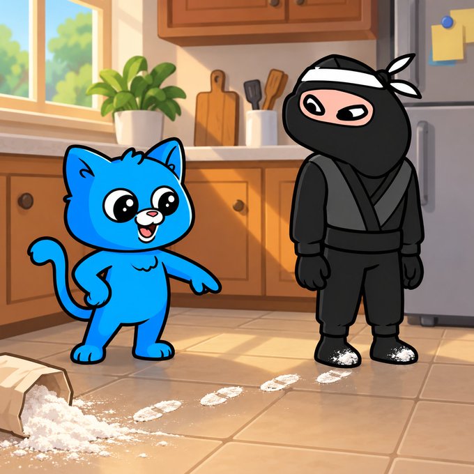 A cartoon illustration of a blue cat and a ninja in a kitchen, with a spilled bag of white powder and footprints on the floor.