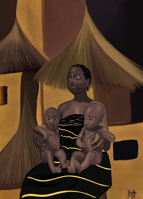 A digital illustration titled "IYA IBEJÍ" depicts a serene Black woman seated in front of thatched-roof huts, tenderly holding twin infants in her lap, embodying the Yoruba concept of Ibejí twin mothers. The artwork uses warm earth tones and maternal intimacy as resistance, visually conveying the tenderness the artist describes in confronting a painful chapter of African history.