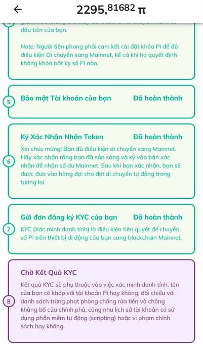 A screenshot of a Vietnamese-language app interface showing a Pi cryptocurrency migration checklist with 2,295,81682 π at the top, displaying completed steps for Account Security, Token Verification Acknowledgment, and KYC submission, with the final step being 'Chờ Kết Quả KYC' (Waiting for KYC Results).