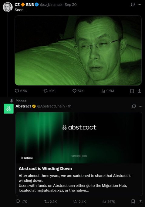 A Twitter/X feed showing a tweet from CZ (@cz_binance) reading 'Soon...' with a green-tinted image of his face, pinned above a post about 'Abstract is Winding Down'.