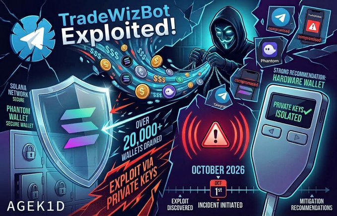 A digital illustration titled 'TradeWizBot Exploited!' depicts a hooded hacker, with text noting 'OVER 20,000+ WALLETS DRAINED' via private keys and 'OCTOBER 2026' incident date, branded 'AGEK1D'.