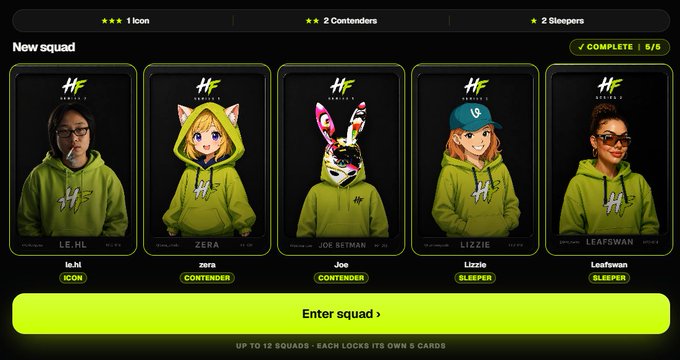 A digital interface displays a 'New squad' lineup for what appears to be an esports team, featuring five character cards including 'le.hi' labeled as ICON, 'zera' and 'Joe' as CONTENDERS, and 'Lizzie' and 'LeafSwan' as SLEEPERS, with an 'Enter squad' button at the bottom.